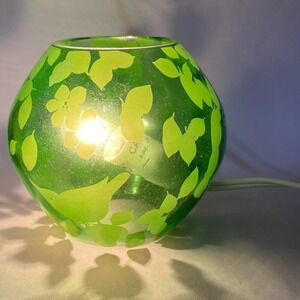 IKEA Knubbig Green Handblown Glass Table Lamp Etched Floral Leaf Pattern Vintage
